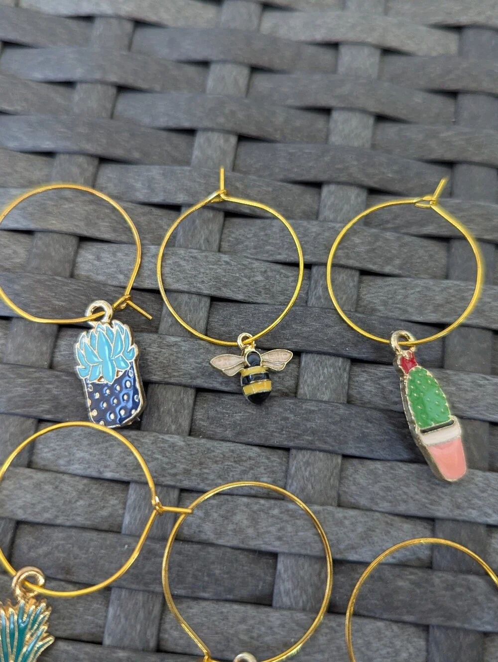 Set Of 8 Nature Themed Wine Glass Charms Birds, Plants, Bumble Bee, Cactus